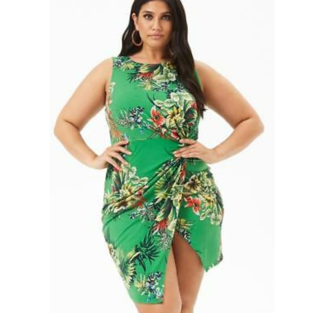 Forever 21+ Green Tropical Print Dress Knot Detail